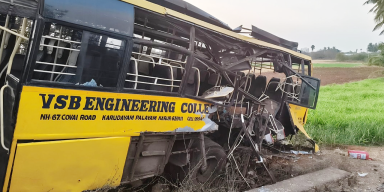 Train hits college bus accident in Karur Tamil Nadu students injured