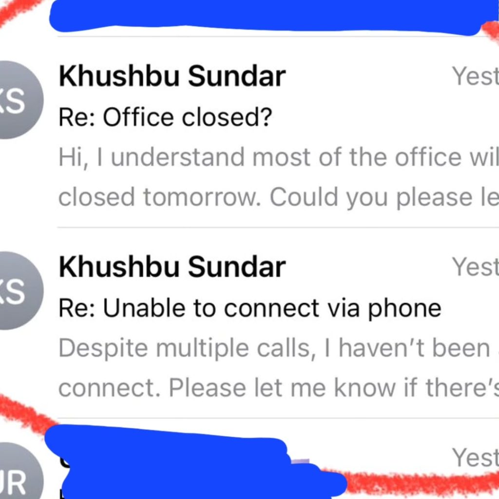 Screenshot of a fake email sent using actress Khushbu Sundar’s name