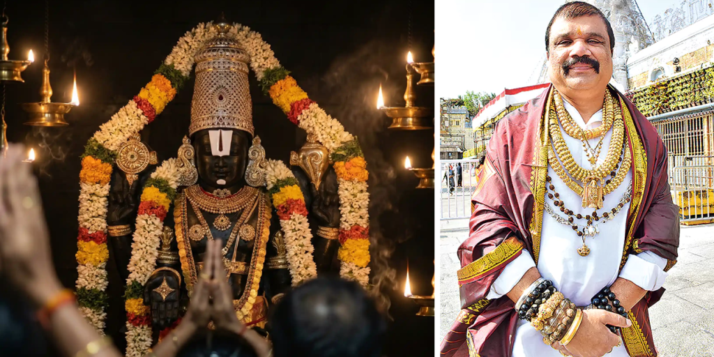 Devotee wearing 4 kg gold jewellery at Tirupati Balaji temple