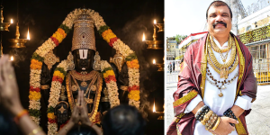 Devotee wearing 4 kg gold jewellery at Tirupati Balaji temple
